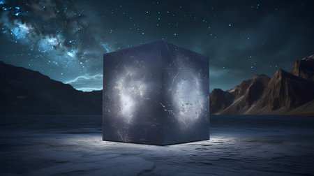 3d rendering of a stone cube in space with starry backgroundの素材