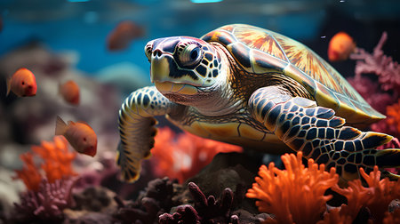 Sea turtle in the aquarium. 3d illustration. Underwater world.の素材