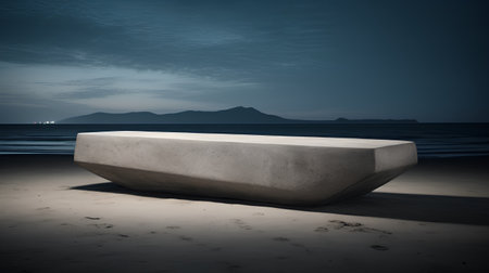 Stone bench on the beach with mountains in the background, 3d renderの素材