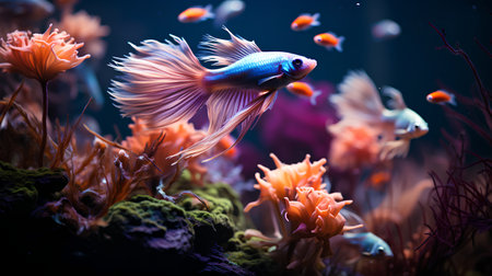 Siamese fighting fish in aquarium. Colorful fish in water.の素材