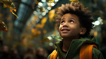 Portrait of a little boy with afro hairstyle and yellow backpack.の素材
