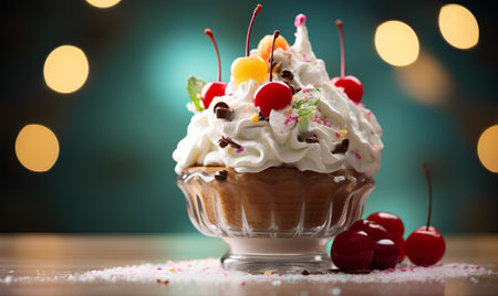 Cupcake with whipped cream and cherries on bokeh backgroundの素材