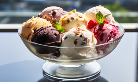 Ice cream scoops in glass bowl with fresh berries and mint.の素材