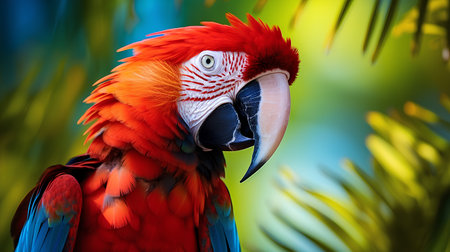 Beautiful macaw parrot on nature background. Red and blue macawの素材