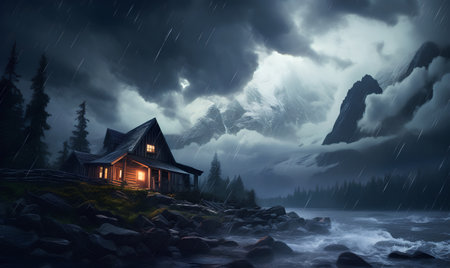 Fantasy wooden house in the middle of a stormy mountain lakeの素材