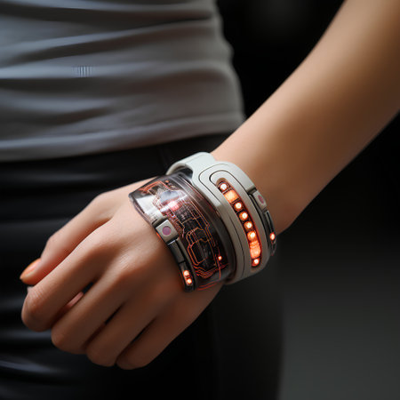 Futuristic smart watch on the hand of a girl on a dark backgroundの素材
