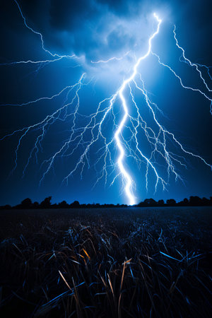 Lightning in the field with blue sky background. 3d renderingの素材