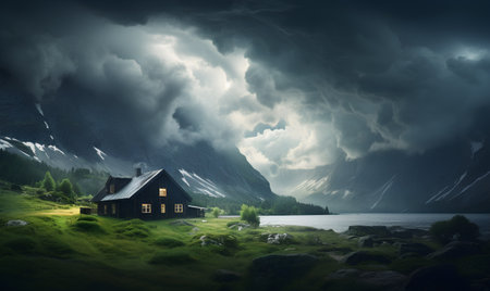 Fantasy landscape with wooden house in mountains. 3D Renderingの素材