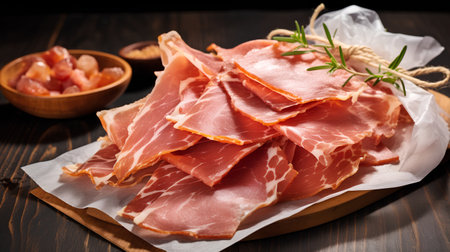 Italian prosciutto crudo or jamon. Raw ham on wooden backgroundの素材