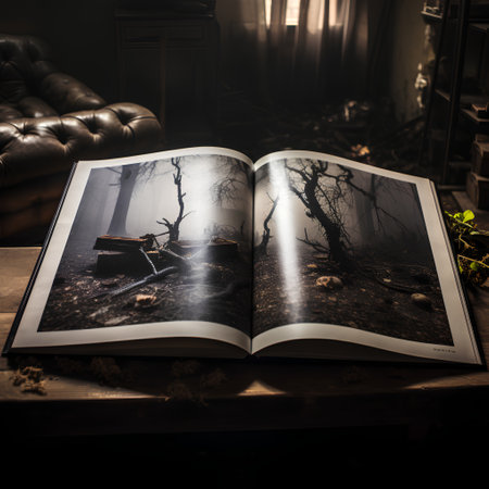 Vintage book with a picture of a dead tree in the darkの素材