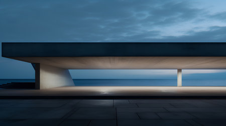 3D render of a modern building with a sea in the backgroundの素材