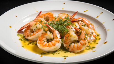 Grilled tiger prawns with lemon and herbs on white plateの素材