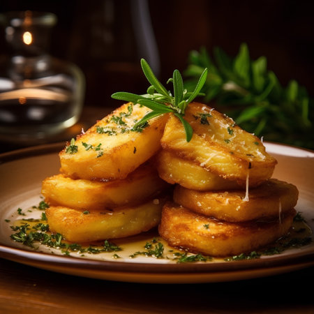 Potato pancakes with rosemary and thyme on a wooden tableの素材