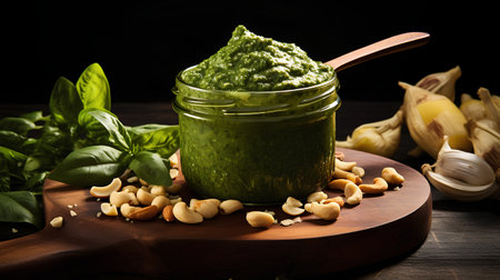 Basil pesto sauce in a glass jar with pine nuts and garlic on wooden boardの素材
