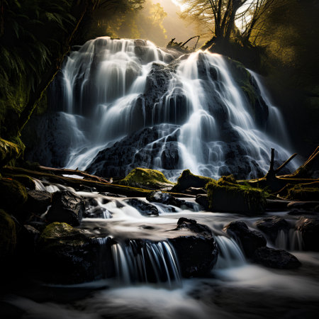 Beautiful waterfall in the forest. Long exposure. Toned.の素材