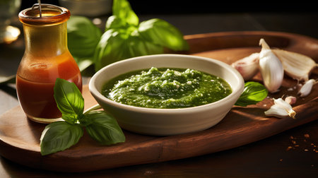 Basil pesto sauce in a bowl on a wooden board.の素材
