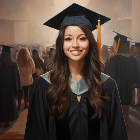 Portrait of a smiling young female graduate in mantle. Education concept.の素材