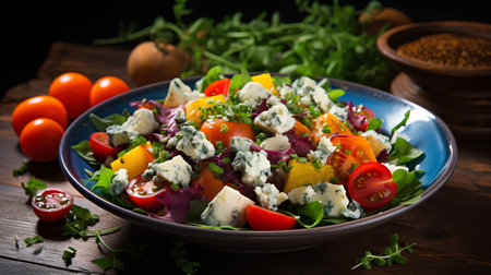 Salad with blue cheese, cherry tomatoes, arugula and blue cheese on wooden background.の素材