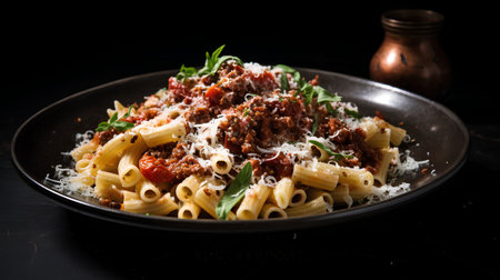 Penne pasta with bolognese sauce, parmesan cheese and basil on black backgroundの素材