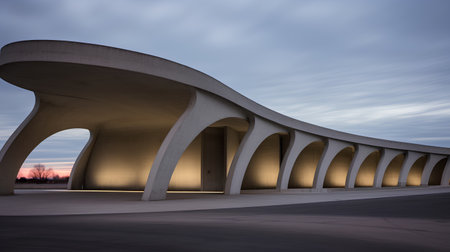 3D rendering of a road bridge over a highway in the eveningの素材