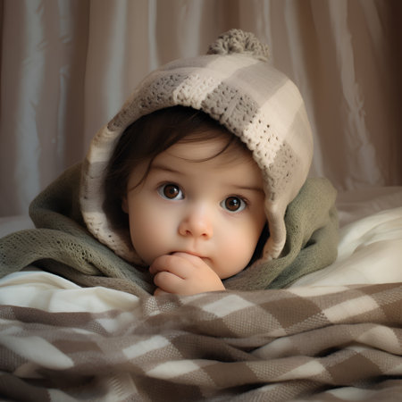 Cute little baby girl hiding under blanket in bed at home.の素材