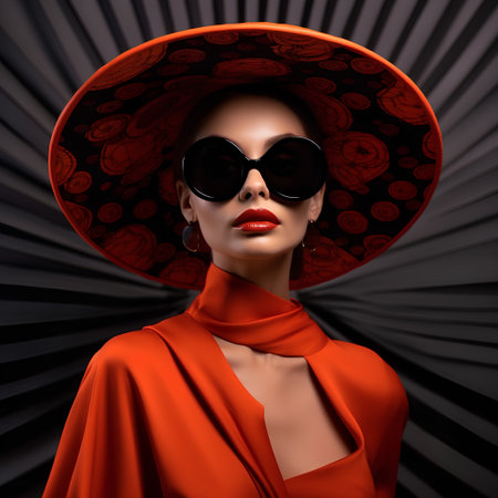 Fashion portrait of beautiful young woman in red hat and sunglasses.の素材