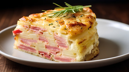 Potato casserole with ham and cheese on a wooden tableの素材