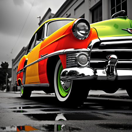 Retro american car on the street. 3D rendering.の素材