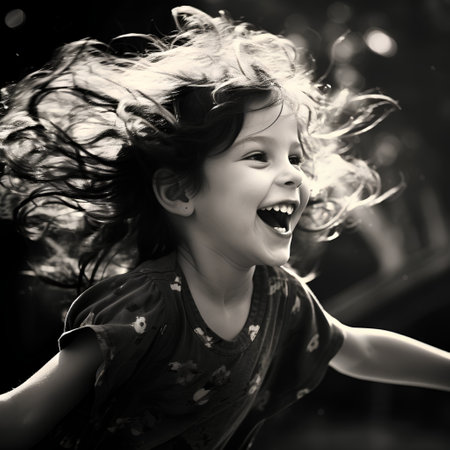 Portrait of a happy little girl with flying hair. Black and white.の素材