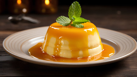 Panna cotta with caramel sauce on wooden background. Selective focus.の素材