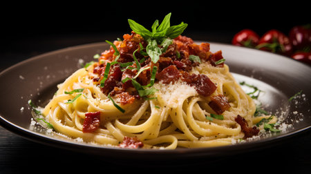 Spaghetti carbonara with bacon and parmesan cheese on black backgroundの素材