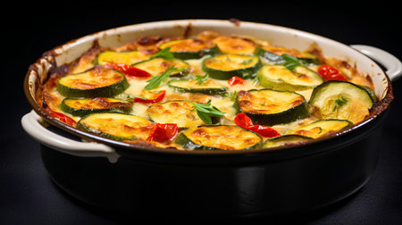 Casserole with zucchini, eggplant, tomatoes and cheese on a black backgroundの素材