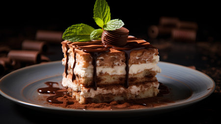 Piece of tiramisu cake with chocolate and mint on dark backgroundの素材