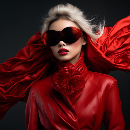 Fashion shot of a beautiful woman in a red cloak and sunglasses.の素材