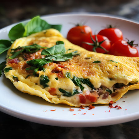 Omelet with tomatoes and spinach on a white plate, selective focusの素材