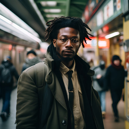 Handsome african american man with dreadlocks hairstyle in the subway.の素材
