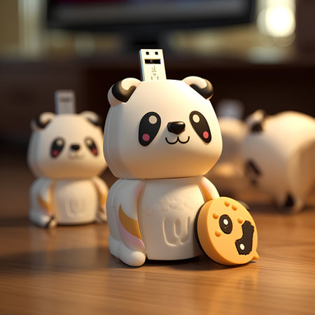 Panda bear with a usb flash drive. 3D rendering.の素材