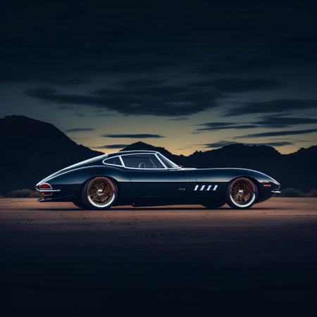 3D rendering of a classic muscle car in the desert at nightの素材