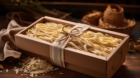 Raw pasta in a box on a wooden background. Selective focus.の素材