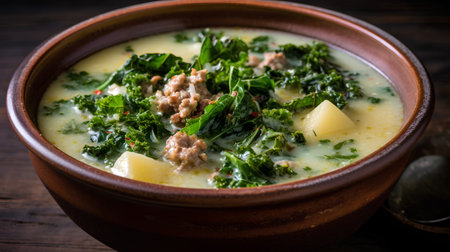 Homemade spinach soup with minced meat and potatoes on rustic wooden backgroundの素材