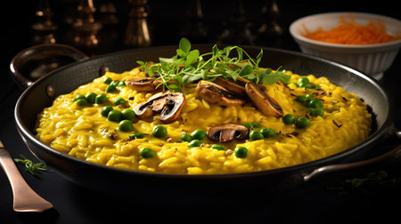 risotto with green peas and mushrooms on a dark background. tinting. selective focusの素材