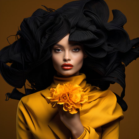 Fashion portrait of a beautiful woman with yellow flowers in her hairの素材