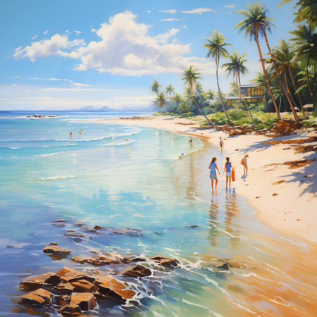 Tropical beach with palm trees and blue sea. Summer vacationの素材