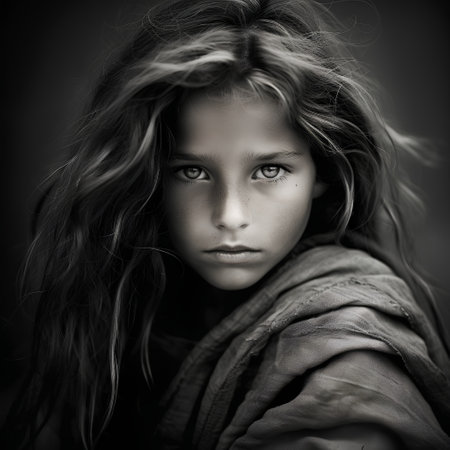 Portrait of a beautiful girl with long hair. Black and white.の素材