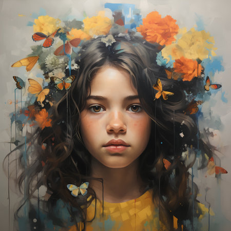 Portrait of a beautiful young girl with butterflies on her face.の素材