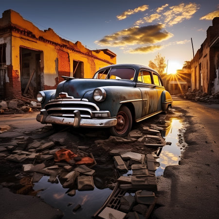 Abandoned car on the street at sunset, Havana, Cubaの素材