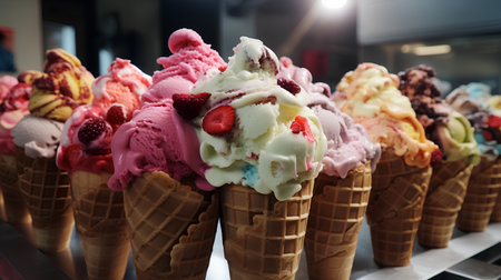 Ice cream scoops in waffle cone with strawberry, chocolate, vanilla and strawberryの素材