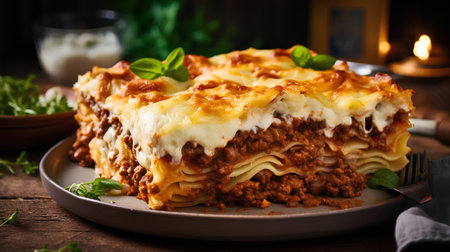 Traditional lasagna bolognese with minced meat and cheese.の素材