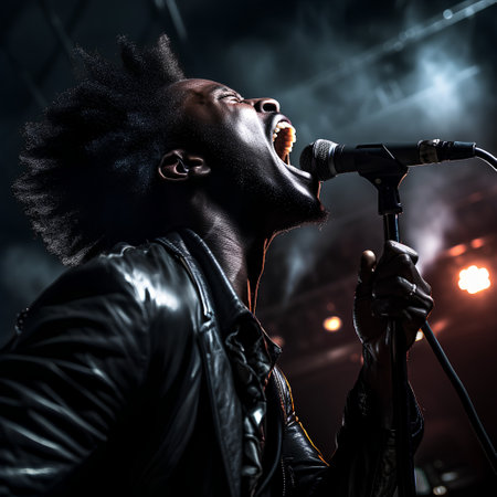 Young african american man singing in microphone on stage. Music concept.の素材