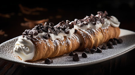 Chocolate roll with whipped cream and chocolate chips on a dark backgroundの素材
